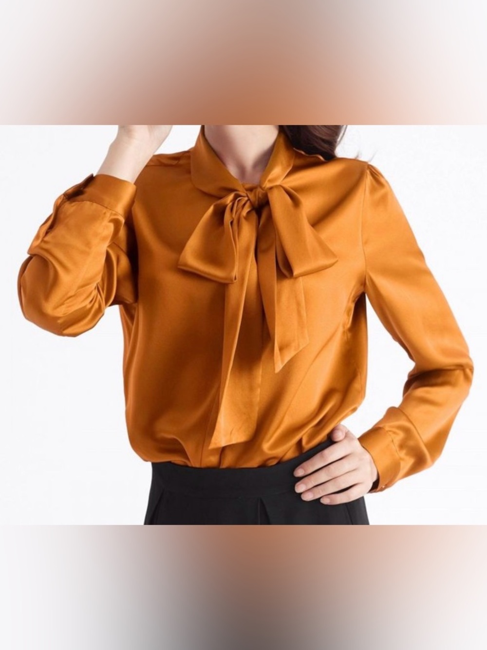 LILYSILK 100% Mulberry Silk Bow Tie Blouse Gold Ochre 22mm Silk Medium Old Money